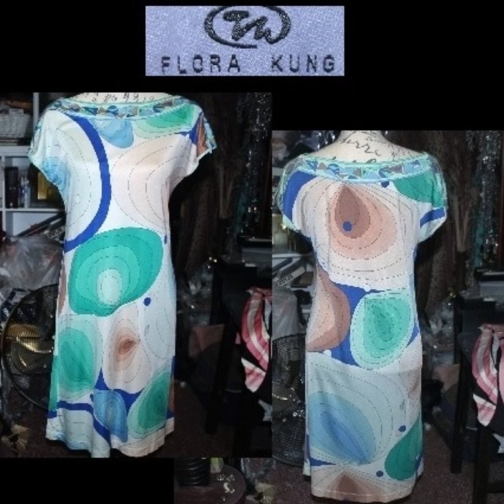 Vintage 70's FLORA KUNG "Signed" Pucci-esque Silk Sheath Dress Sz 2 XS S